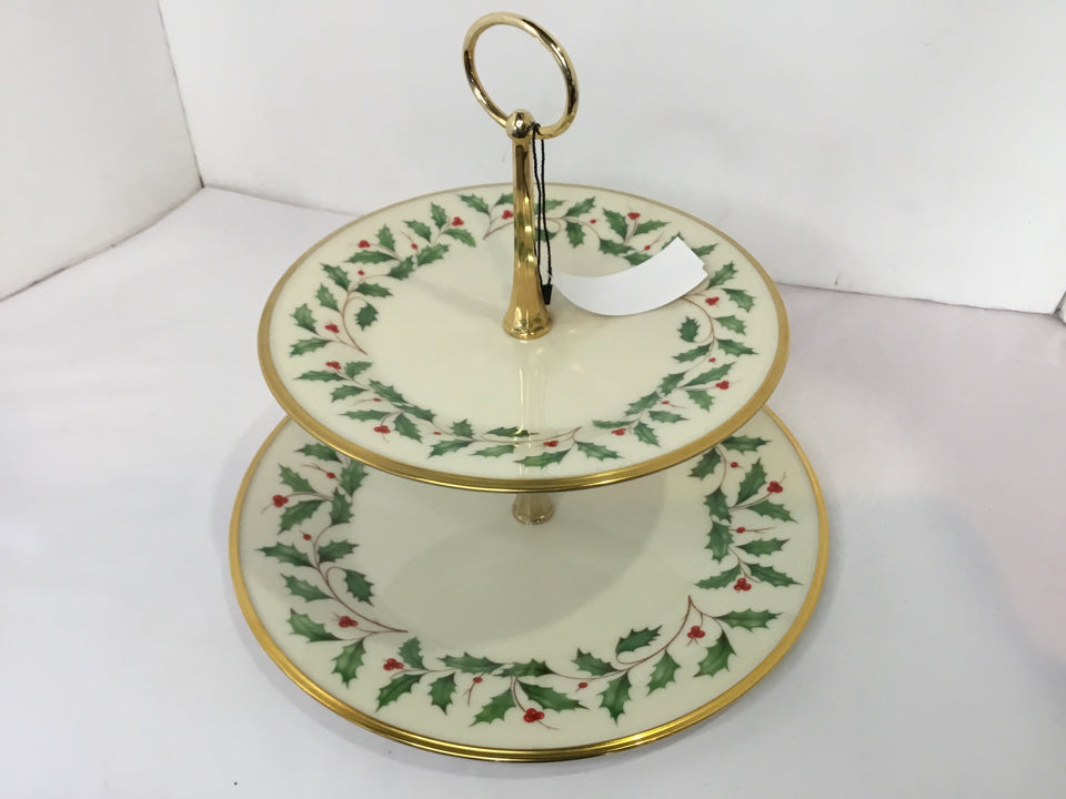 Lenox Christmas White/Green Ceramic/Metal Tiered Tray Holiday Item