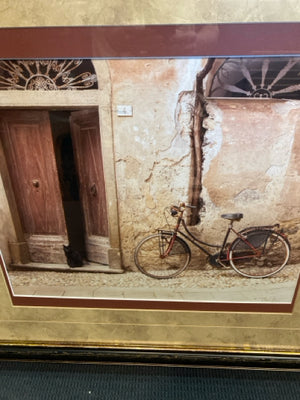 Signed Tan/Brown Bicycle Framed Art