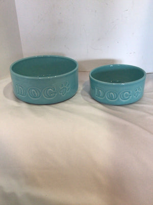 Pair Aqua Ceramic Dog Bowl Set