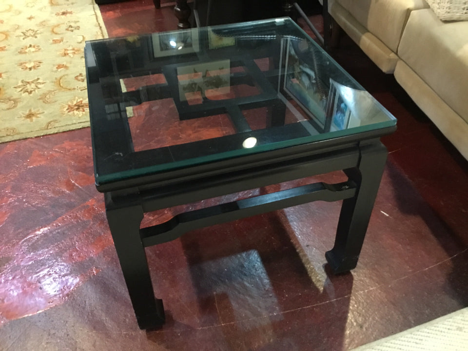 End Wood Glass Top Oriental Black Table
