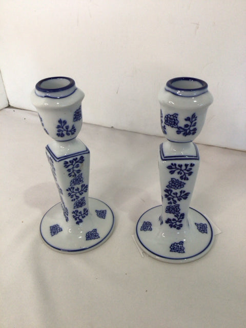 PIER 1 Pair Blue/White Ceramic Candle Holders
