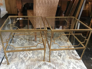 Pair Glass/Metal Tiered Gold Table