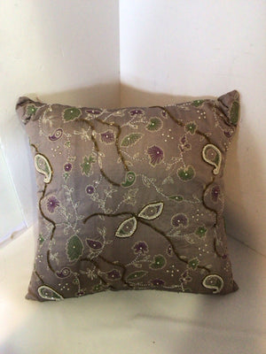 Purple/Green Linen Embroidered Beaded Pillow
