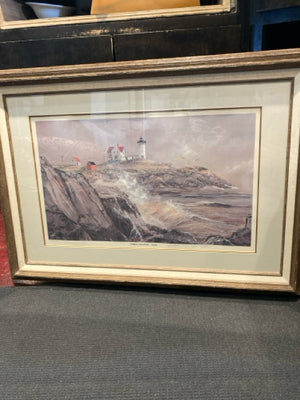 Tan/Gray Sea Scape Lighthouse Framed Art