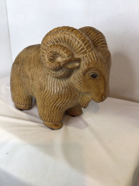 Vintage Brown Pottery Ram Ribbed Sculpture