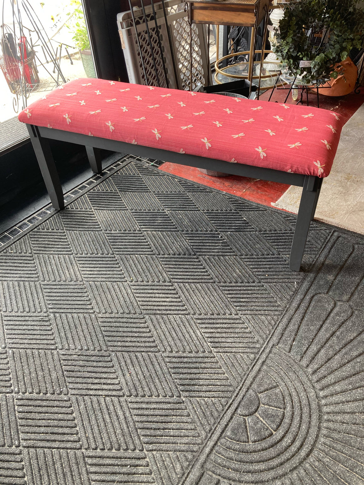 Wood Upholstered Seat Red/Gray Bench