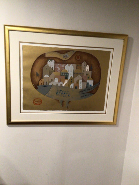 Signed Lithograph Brown/Multi Abstract Framed Art