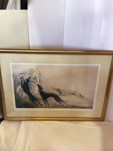 Louis Icart Signed Cream/Black Dogs Framed Art