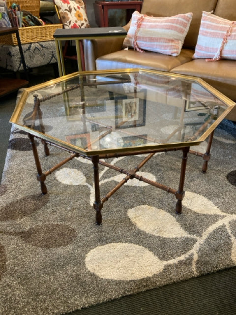 MCM Glass Top Wood/Brass Octagon Bamboo Table