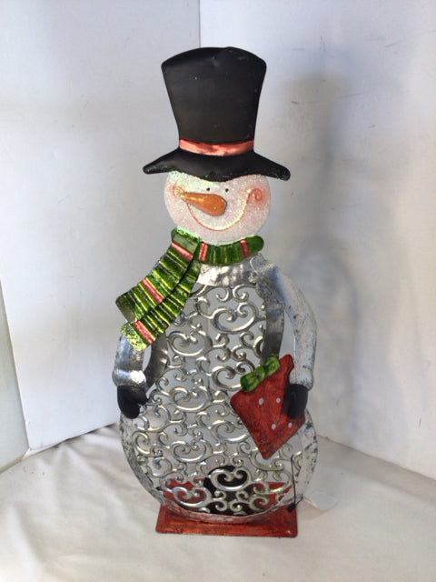 Candle Holder Silver/Red Metal Snowman Holiday Item