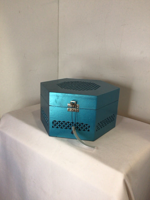 Lidded Wood Octagon Teal Box