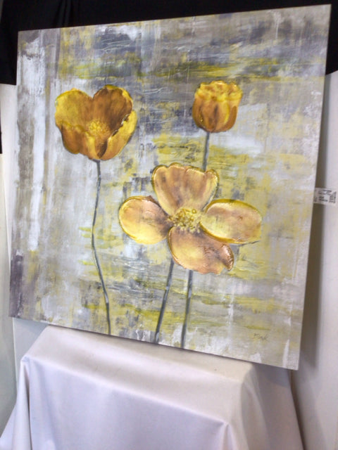 Gray/Yellow Canvas Flowers Stretch Canvas Art