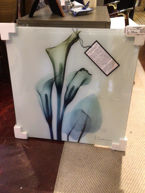Signed Glass Lillies Blue/Green Wall Decoration Art