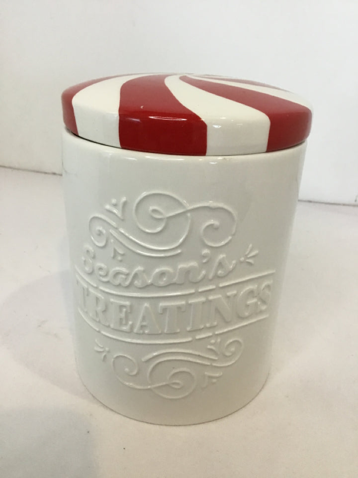 Canister White/Red Ceramic Christmas Holiday Item