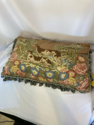 Vintage Multi-Color Polyester Needlepoint Dogs Floral Pillow