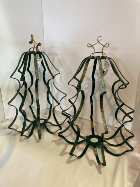 Pair Green Metal Candle Holder Christmas Tree Holiday Item