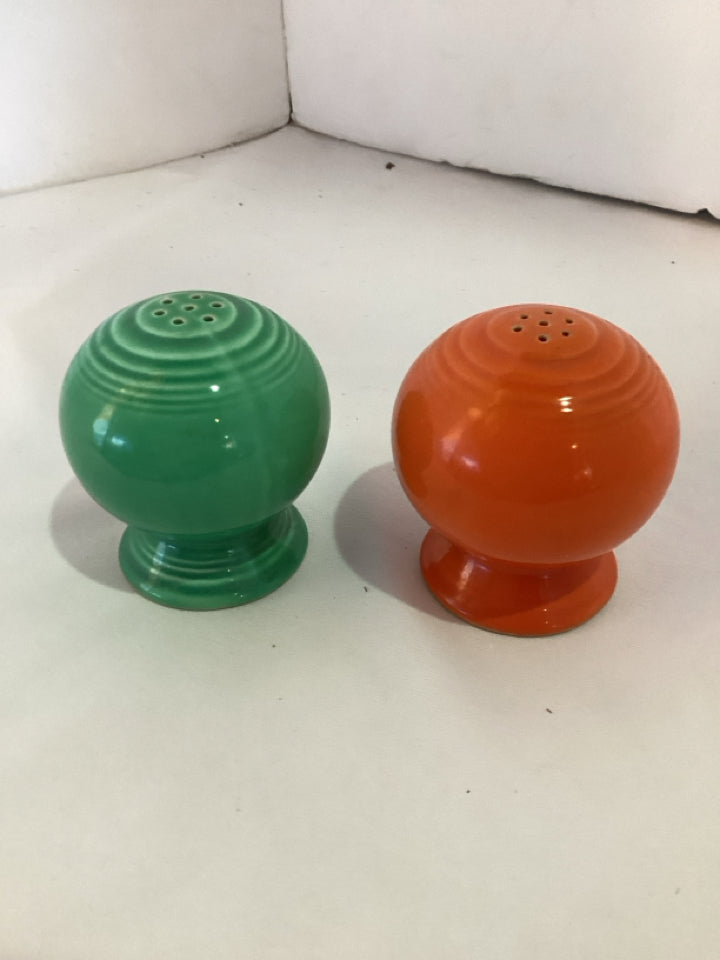 Fiestaware Vintage Pair Green/Orange Ceramic Salt & Pepper