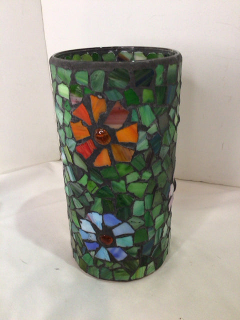 Green/multi Stained Glass Mosaic Flowers Candle Holder