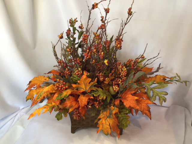 Fall Orange/Green Faux Silk Planter Leaves Holiday Item