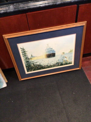 Signed Print Blue/Green Ship Framed Art