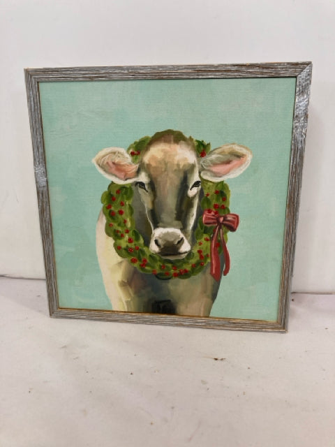 Christmas Gray/blue Canvas Wall Hanging Cow Holiday Item