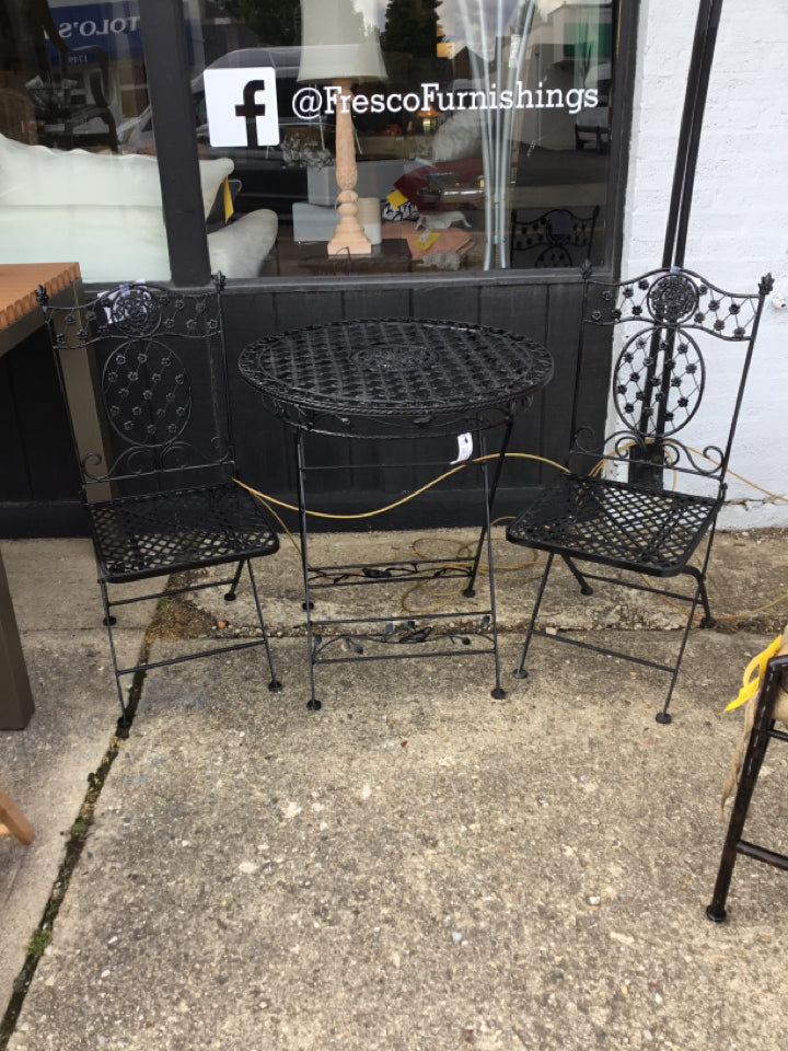 3 Piece Wrought Iron Round Black Table & Chairs