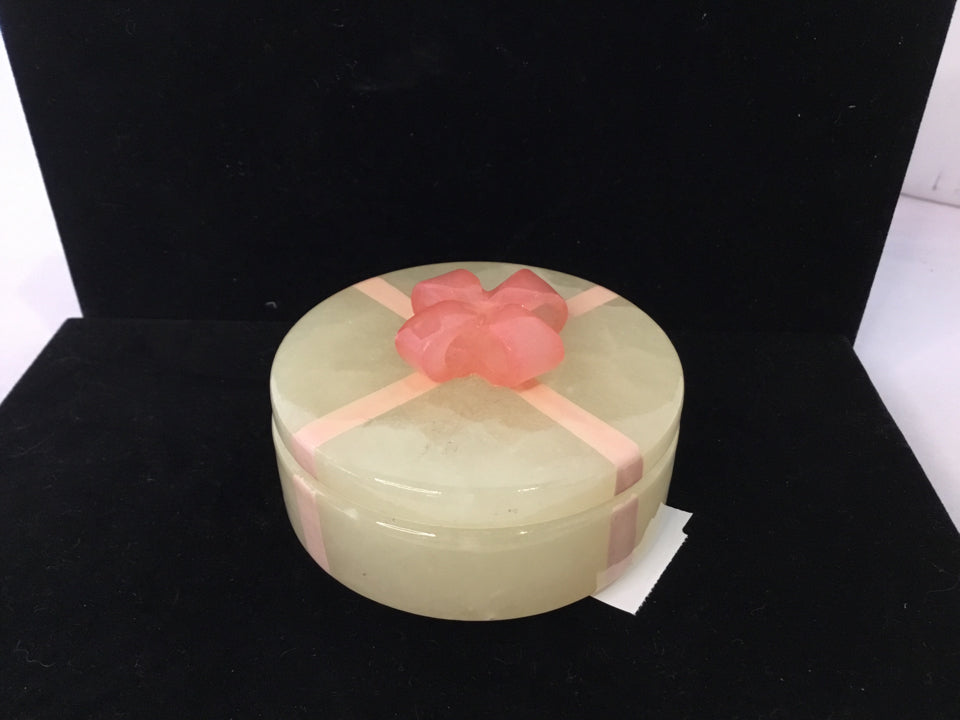 Round Pink Alabaster Carved Trinket Box