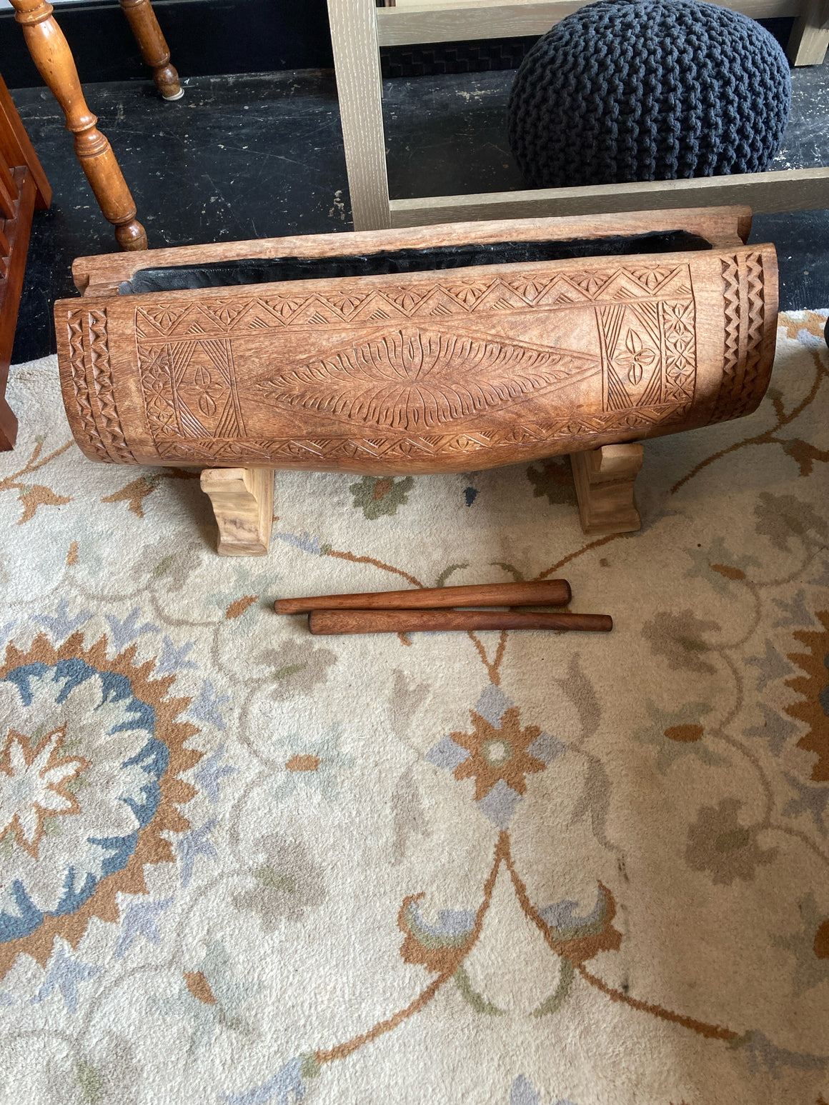 Brown Wood Carved Drum