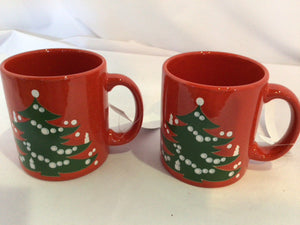 Set of 2 Red/Green Ceramic Christmas Tree Holiday Item