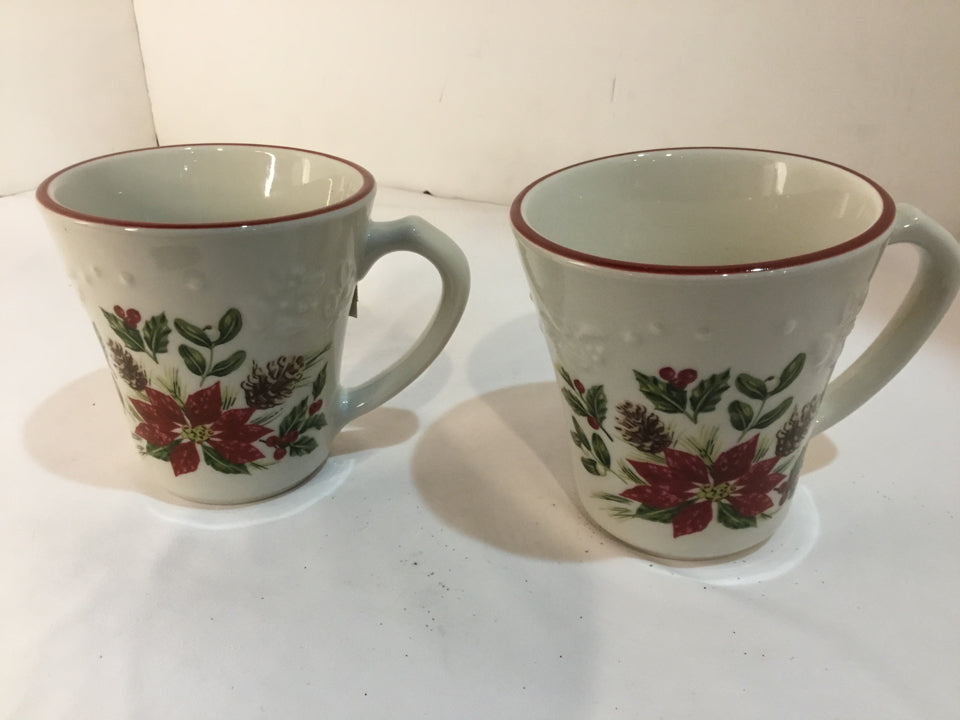 Longaberger Pair White/Red Ceramic Mug Poinsettia Holiday Item