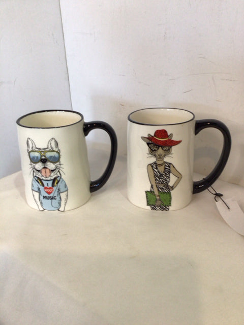 Signature Pair White/Multi Ceramic Animal Mug Set