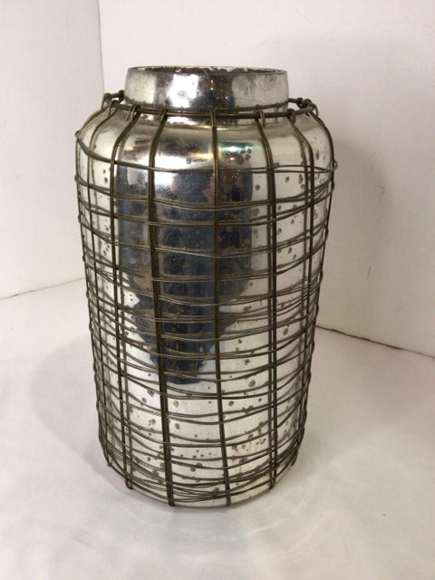 Silver Mercury Glass Wire Hurricane Candle Holder