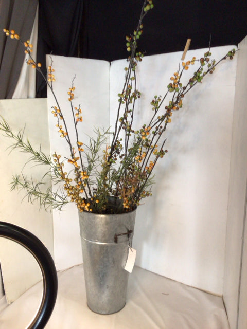 Green/Orange Berries In Bucket Faux Flowers