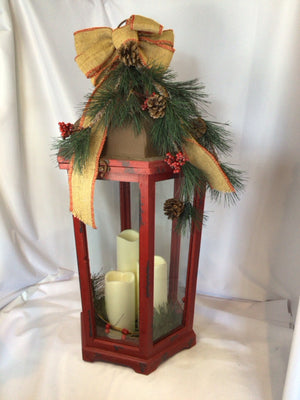 Vintage Lantern Red/Brown Metal/Wood Holiday Item