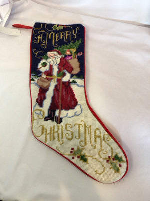 Vintage Stocking Red/Blue Needlepoint Santa Holiday Item