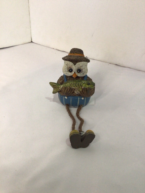 Brown/Blue Resin Fisherman Owl Figurine