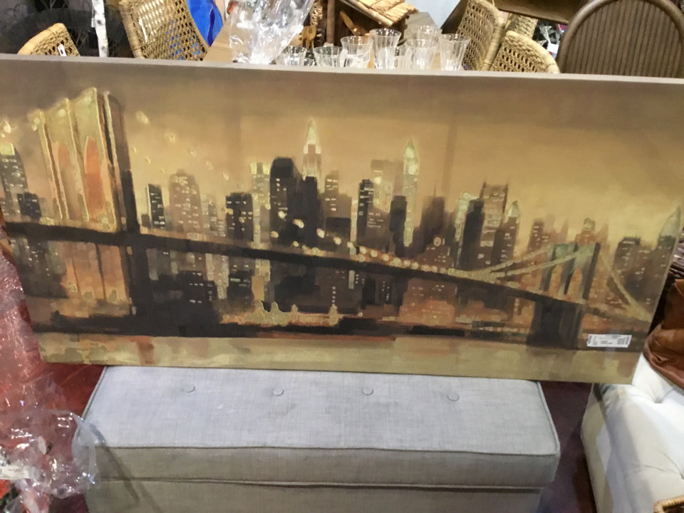 Abstract Gold/Brown City Scape Bridge Stretch Canvas Art