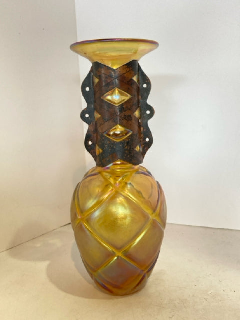 Vintage Gold/Brown Glass/Metal Vase