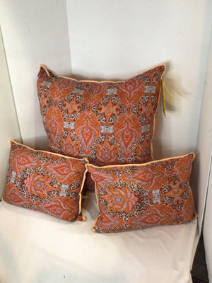 Set of 3 Orange/Brown Polyester Paisley Pillow Set