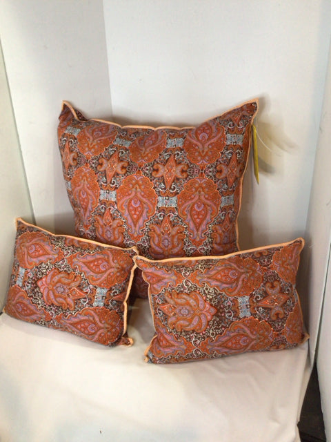 Set of 3 Orange/Brown Polyester Paisley Pillow Set