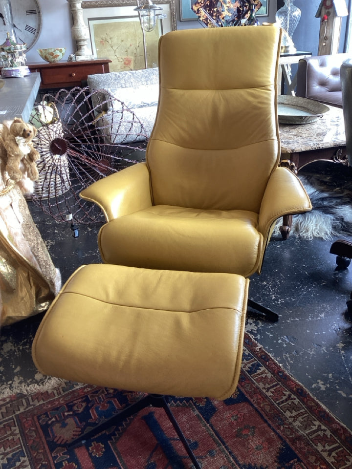 Scandinavian Leather w/Ottoman As Is Yellow Chair & Ottoman