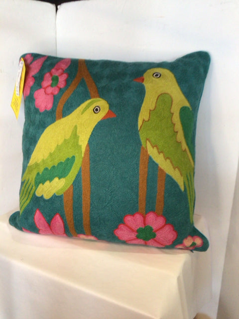 Blue/Green Crewel Birds Pillow