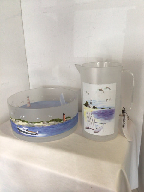 Blue/White Melamine Ocean Scape Pitcher & Bowl