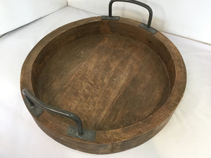 Round Brown Wood/Metal Handled Tray