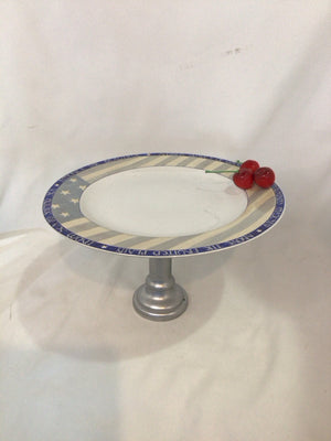 Blue/Gray China Cherries Cake Plate/Stand