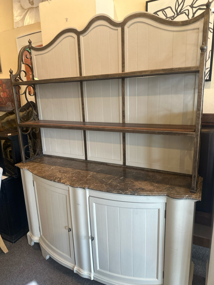 2 Piece Cream/Brown Marble Top 2 Door Hutch