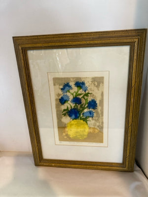 Signed Blue/Yellow Flowers Framed Art