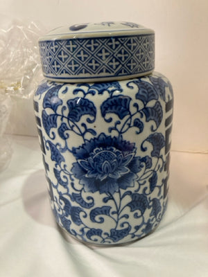 Lidded Blue/White Ceramic Jar