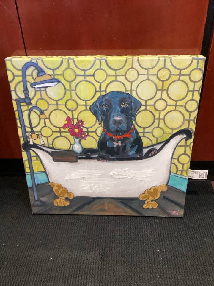 Signed Yellow/Multi Canvas Dog Bathtub Stretch Canvas Art