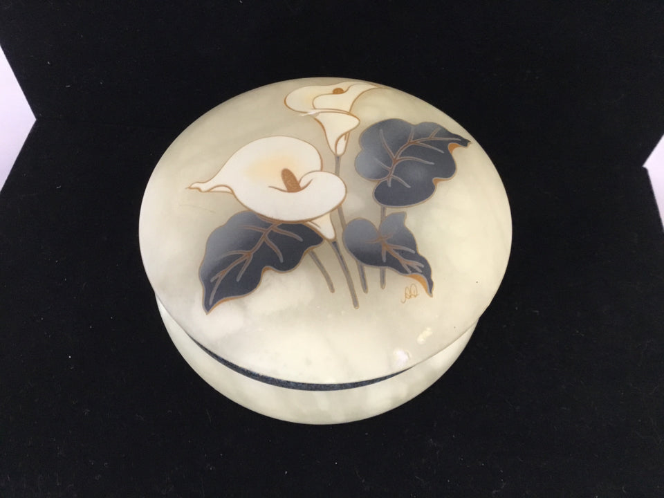 Cream/Green Alabaster Flower Trinket Box
